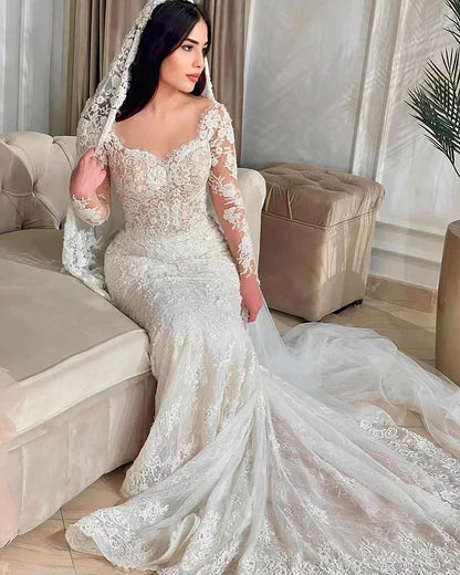 Customized Luxury Mermaid Wedding Dresses Detachable Train Romantic Lace Long Sleeve Bride Dresses- Free worldwide shipping