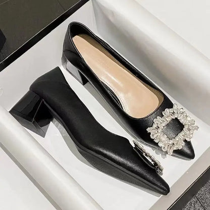 Women's Elegant Black Mid Block Heels Pumps with Crystal Rhinestone- Free Worldwide Shipping