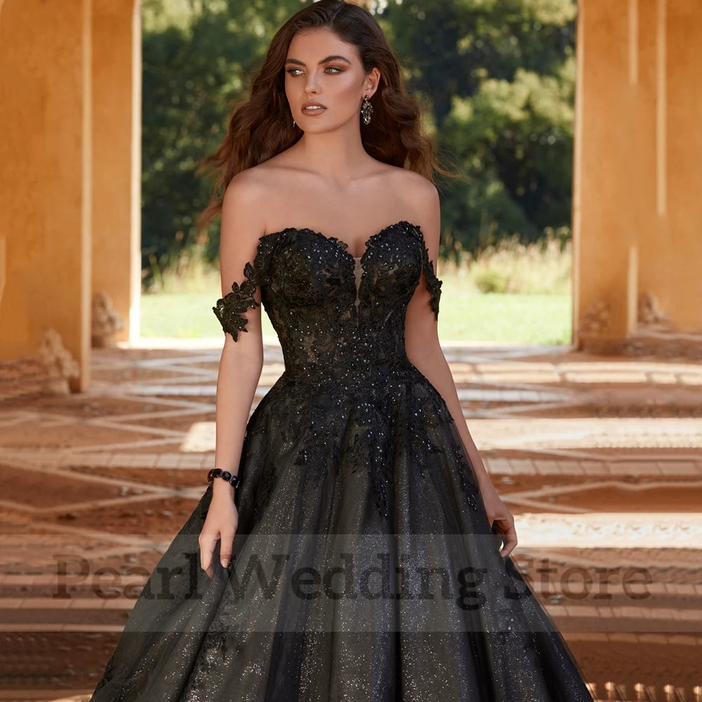 Black Wedding Dress Sweetheart Off the Shoulder Classic Applique Tulle Shiny A-Line Floor Length Bride Open Back Gowns- free worldwide shipping