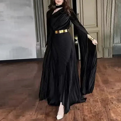 Fashion Gradient Printed Fold Evening Dress Leisure Hollow Out Slit Sleeve Banquet Dress Elegant Lady High Waist Big Hem Dresses- free worldwide shipping