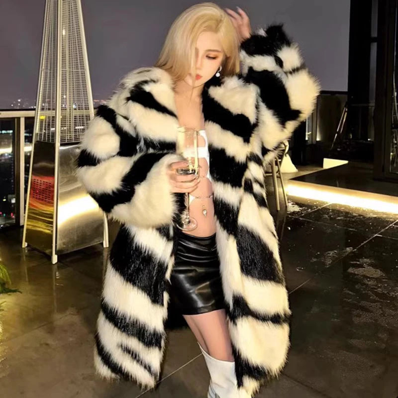 Ladies Spice sexy zebra fur coat fox fur mid-length coat temperament winter thick - free shipping worldwide