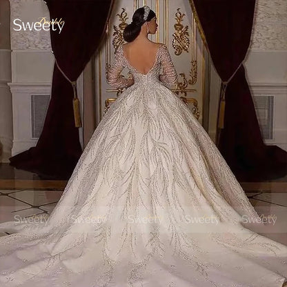 Glitter Fully Beaded Wedding Dress With Organza Ball Gown Full Sleeve O-Neck Bride Dress Lace Up Vestido De Novia Customized