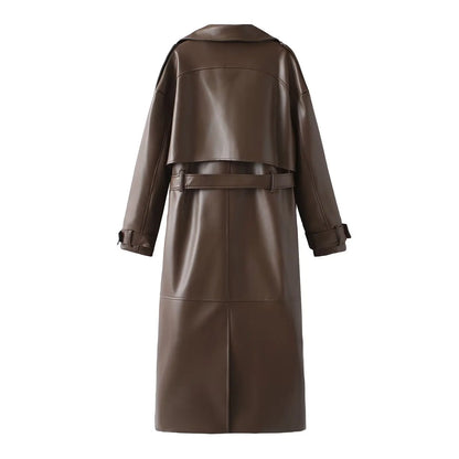 Over Coat With Belt Long style Single Breasted Faux Leather Coat -Free worldwide shipping