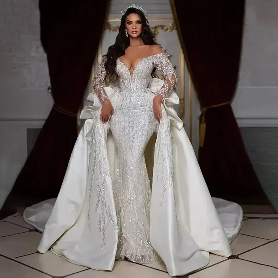 Luxury V-neck Sparkling Mermaid Wedding Dress Detachable Robe Off Shoulder Long Sleeve Crystal Bead- free worldwide shipping