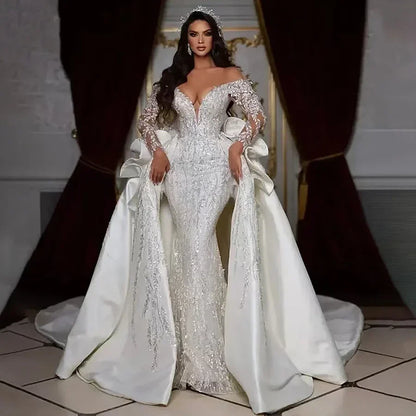 Luxury V-neck Sparkling Mermaid Wedding Dress Detachable Robe Off Shoulder Long Sleeve Crystal Bead- free worldwide shipping