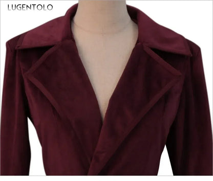 Women Elegant Trench Coat Autumn Winter Slim Lapel Long Sleeve Female Temperament Solid Button Beautiful Velvet Clothing- free worldwide shipping