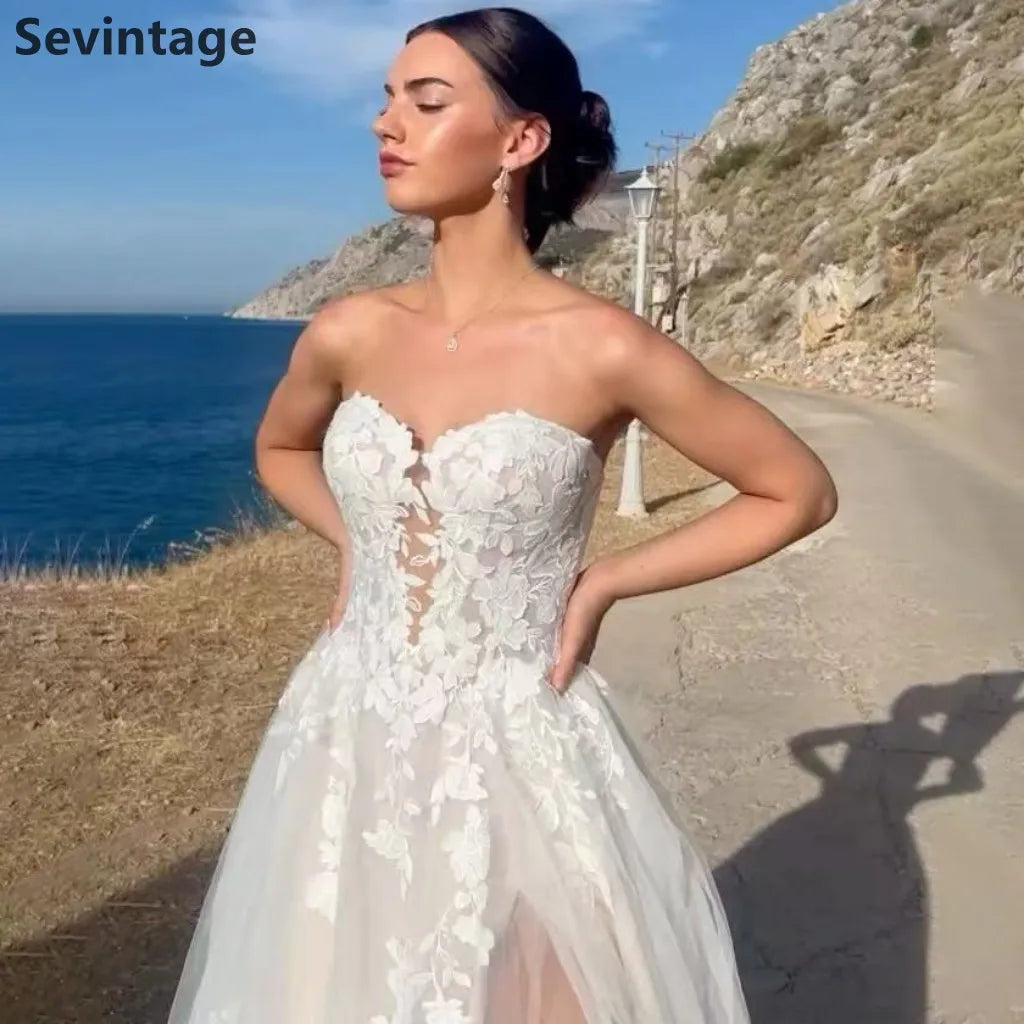 A Line Wedding Dress Sweetheart Sexy Slit Court Train Bridal Gown Elegant Wedding Party Dress Customized-free shipping worldwide
