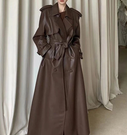 Women New Fashion With Belt Long style Single Breasted Faux Leather Coat Vintage Long Sleeve Pockets Female Outerwear