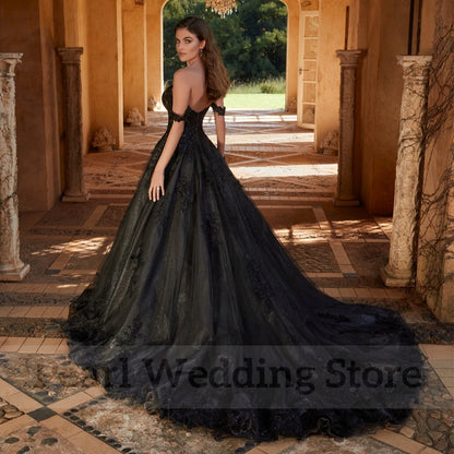 Black Wedding Dress Sweetheart Off the Shoulder Classic Applique Tulle Shiny A-Line Floor Length Bride Open Back Gowns- free worldwide shipping