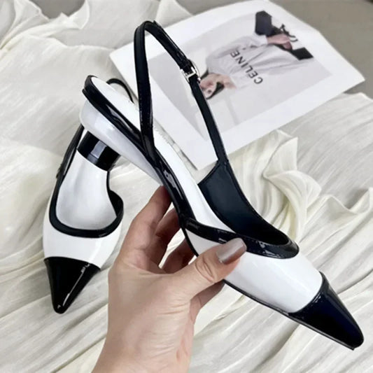 Designer Black White Mixed Color Low Heeled Sandals- Free worldwide shipping