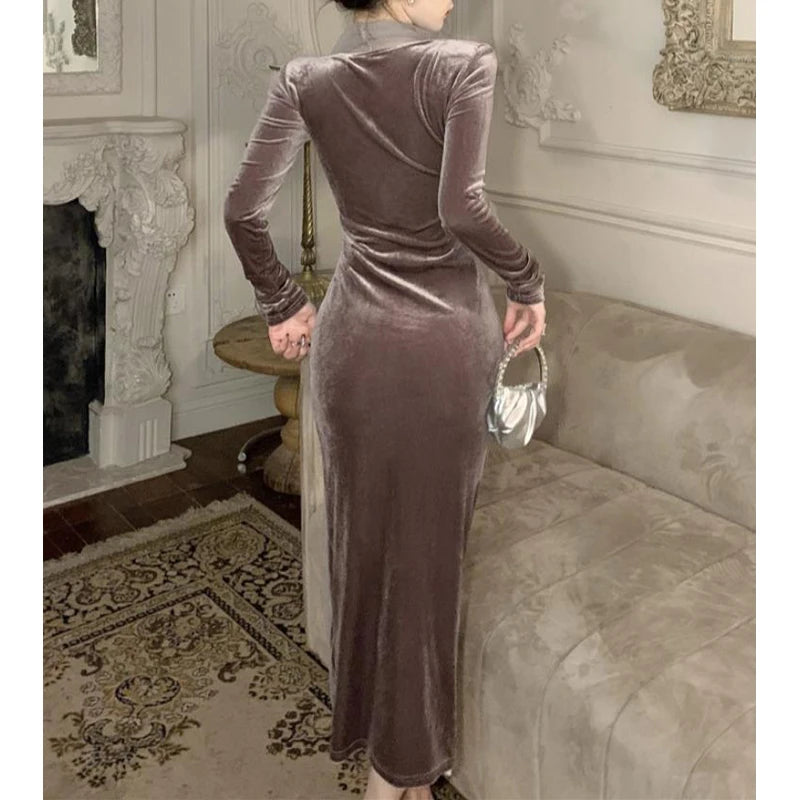 Women Vintage Velvet 3D Flower Ruched Sexy Split Elegant Party Dresses- Free worldwide shipping