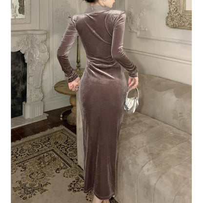 Women Vintage Velvet 3D Flower Ruched Sexy Split Elegant Party Dresses- Free worldwide shipping