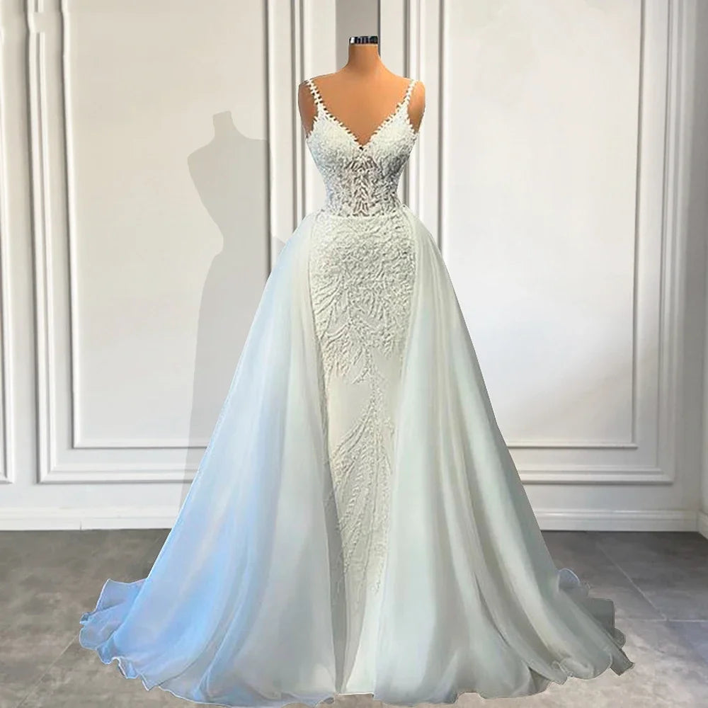 Flavinke Customized V Neck Mermaid Lace Wedding Dresses Sleeveless Illusion Beaded Satin Bridal Gowns with Detachable Train- free worldwide shipping
