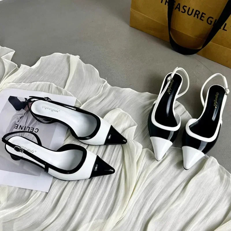 Designer Black White Mixed Color Low Heeled Sandals- Free worldwide shipping