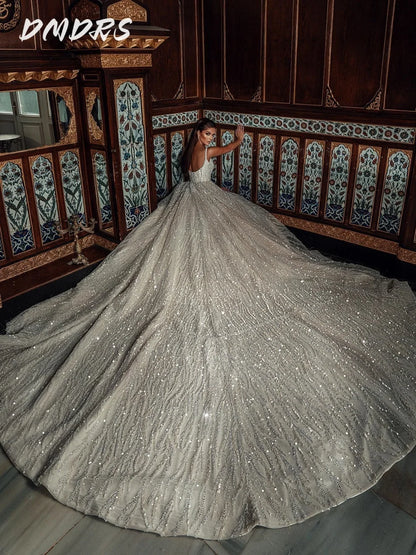 Charming Spaghetti Straps Bridal Gown 2026 Shiny Sleeveless Wedding Dress Romantic Sequined Floor- Free worldwide shipping