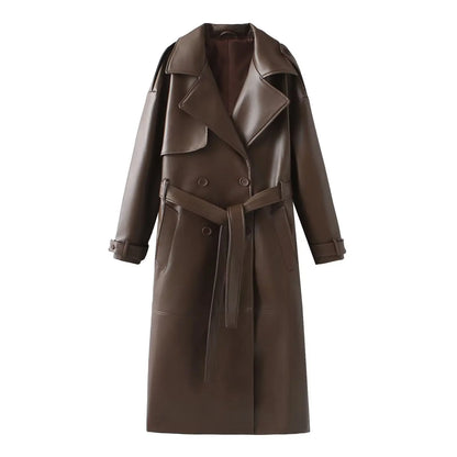 Over Coat With Belt Long style Single Breasted Faux Leather Coat -Free worldwide shipping
