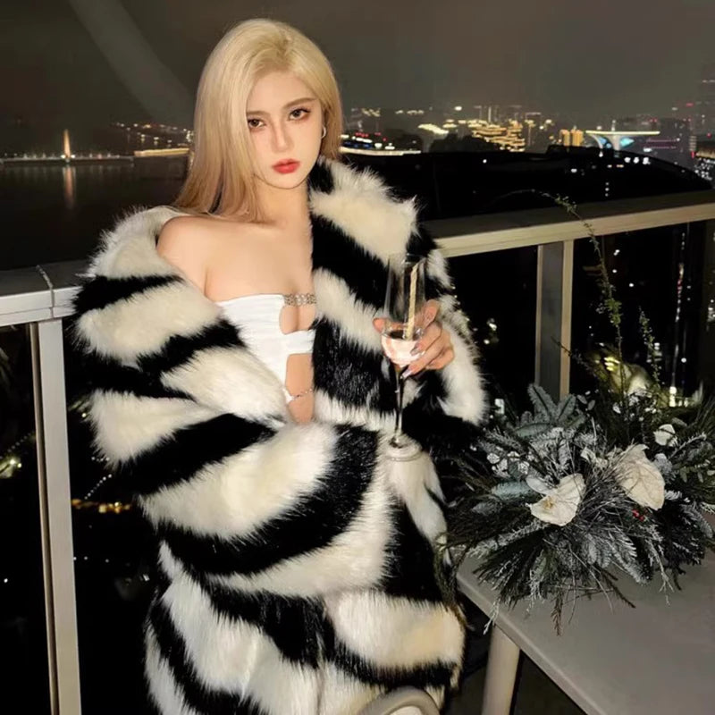 Ladies Spice sexy zebra fur coat fox fur mid-length coat temperament winter thick - free shipping worldwide