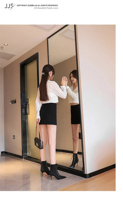 Fashion Women Elegant Black Cross Straps Thin High Heel Silk Boots Short Lace Up Ankle Boots Winter Pointed Toe Cowboy Shoes