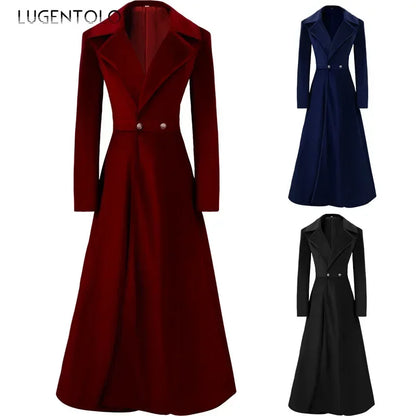 Women Elegant Trench Coat Autumn Winter Slim Lapel Long Sleeve Female Temperament Solid Button Beautiful Velvet Clothing- free worldwide shipping