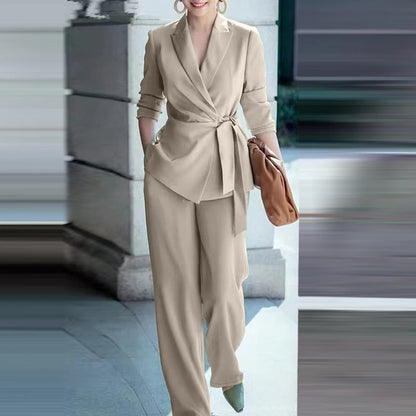 Office Lady Blazer Suits Elegant Women Tied Waist Top and Pant 2pcs Outfit 2025 Trend Streetwear Commute Pant Sets