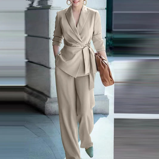 Office Lady Blazer Suits Elegant Women Tied Waist Top and Pant 2pcs Outfit 2025 Trend Streetwear Commute Pant Sets