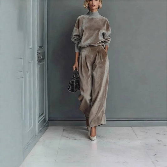 Autumn Winter Fashion High Collar Gold Velvet Long Sleeve Women's Suit