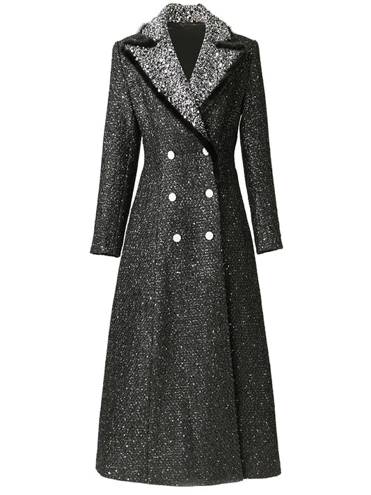 Vintage Women Tweed Jacket Sequins Turn-Down Collar Long Sleeve Crystal Double-Breasted Feathers Outerwear for Autumn