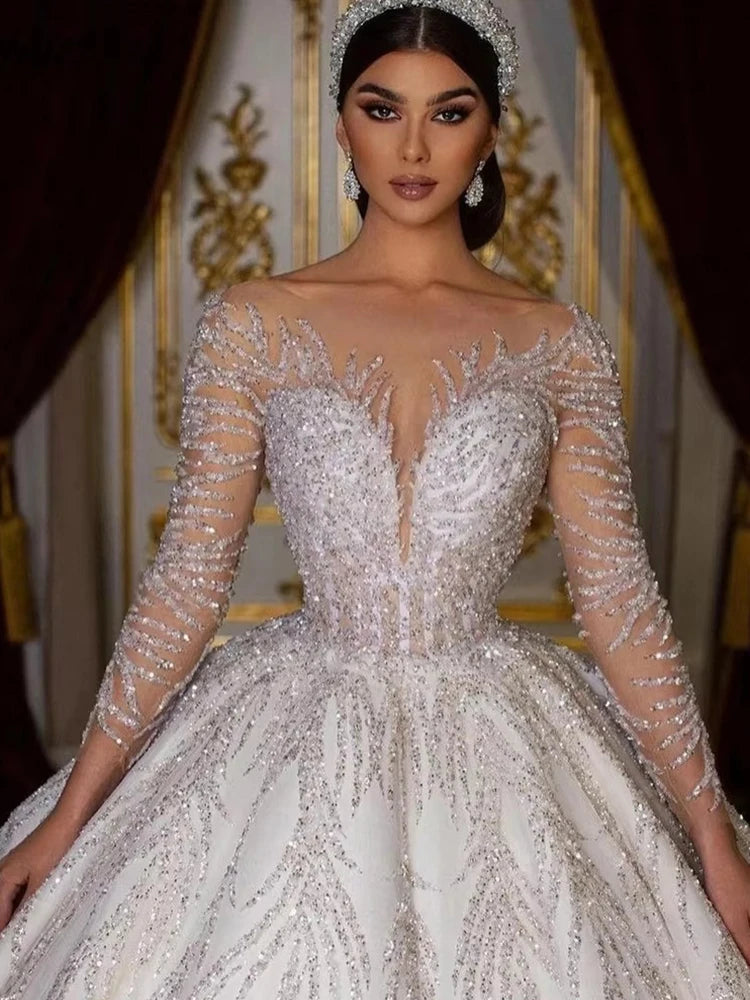 Glitter Fully Beaded Wedding Dress With Organza Ball Gown Full Sleeve O-Neck Bride Dress Lace Up Vestido De Novia Customized