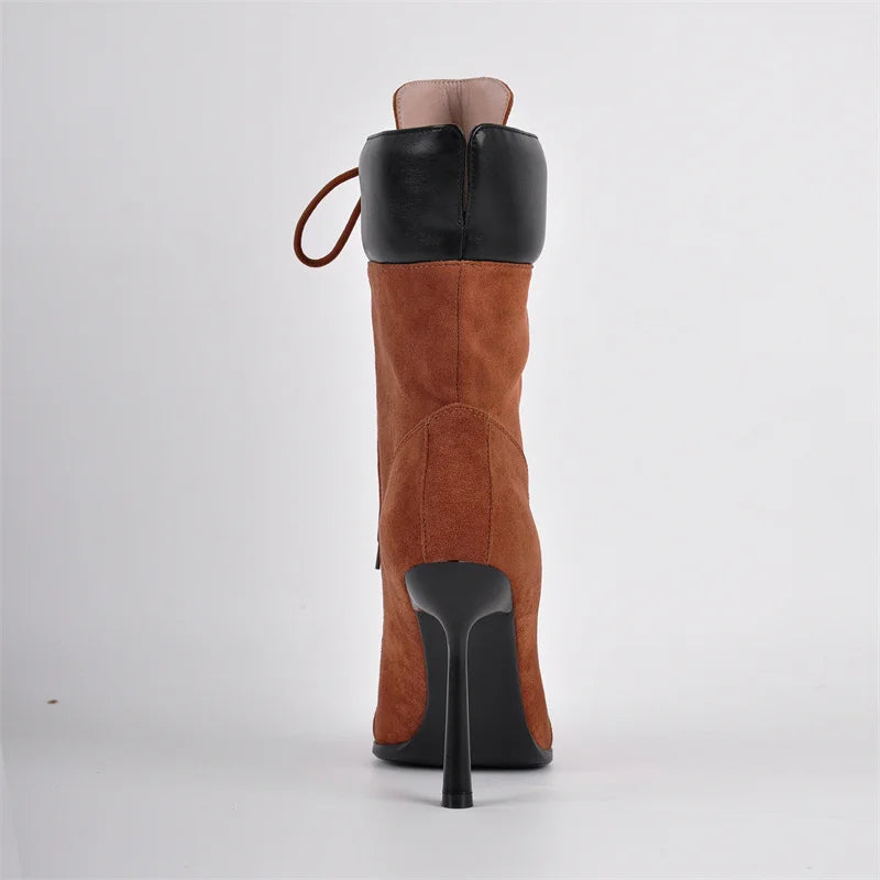 Pointed Toe Lace Up Mid-Calf Stiletto High Heel Boots Fashion