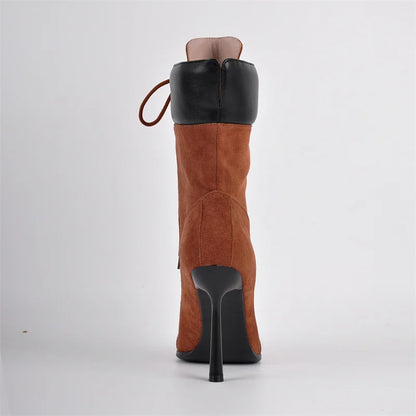 Pointed Toe Lace Up Mid-Calf Stiletto High Heel Boots Fashion