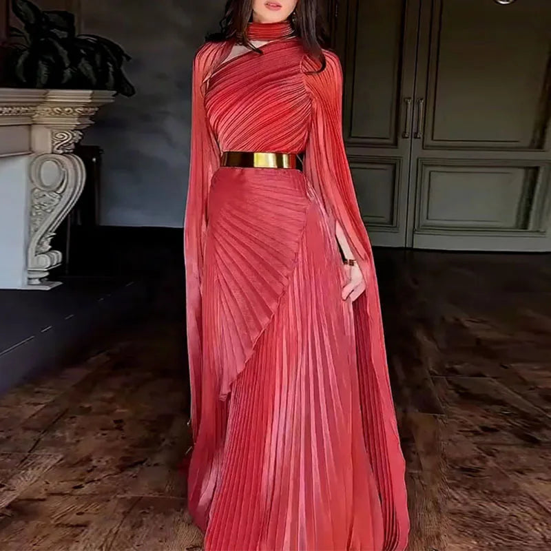 Fashion Gradient Printed Fold Evening Dress Leisure Hollow Out Slit Sleeve Banquet Dress Elegant Lady High Waist Big Hem Dresses- free worldwide shipping