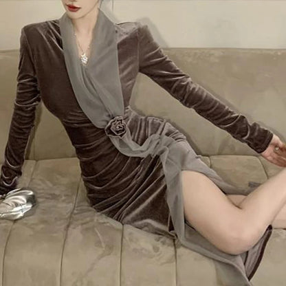 Women Vintage Velvet 3D Flower Ruched Sexy Split Elegant Party Dresses- Free worldwide shipping