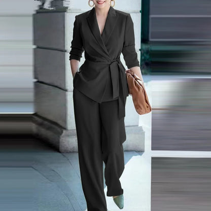 Office Lady Blazer Suits Elegant Women Tied Waist Top and Pant 2pcs Outfit 2025 Trend Streetwear Commute Pant Sets