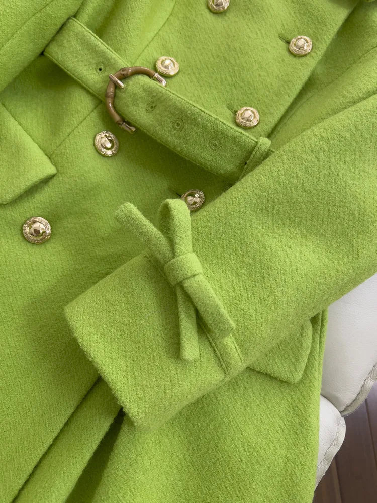 Winter Green Woolen Coat Women Turn Down Collar Long Sleeves Double Breasted - Free worldwide shipping