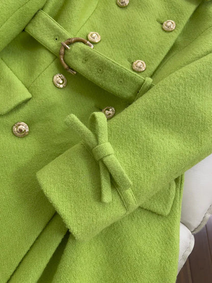 Winter Green Woolen Coat Women Turn Down Collar Long Sleeves Double Breasted - Free worldwide shipping