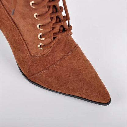 Pointed Toe Lace Up Mid-Calf Stiletto High Heel Boots Fashion