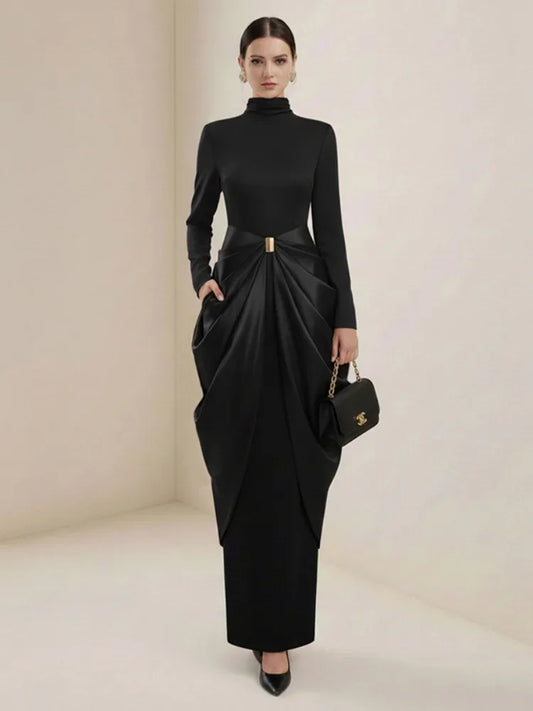 Women's Evening Dress Black High Neck Long Sleeves Split-joint Pleated Maxi Dress High Waist Party Gown