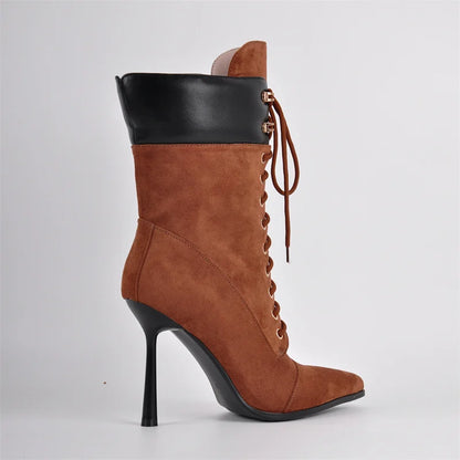 Pointed Toe Lace Up Mid-Calf Stiletto High Heel Boots Fashion