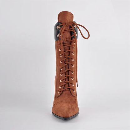 Pointed Toe Lace Up Mid-Calf Stiletto High Heel Boots Fashion