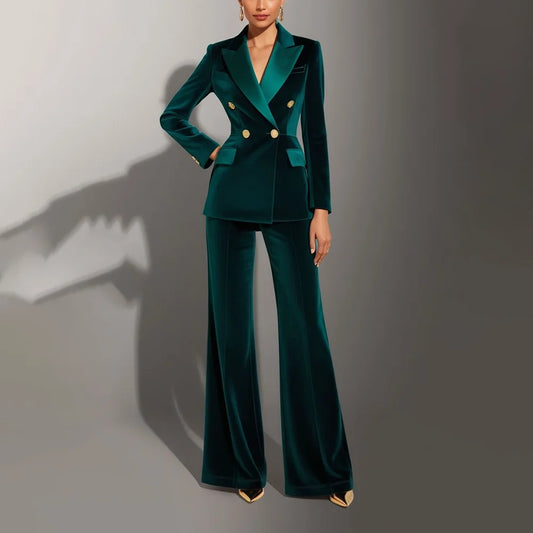 Double Breasted Formal Women's Suits New Summer Style For 2025 Green Velvet Luxury 2 Pieces Jacket Pants Fashion Trousers Sets