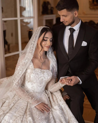 Luxury Beaded Wedding Dresses Sequins Square Neck Bridal Ball- Gowns Pearls Long Sleeves -Free worldwide shipping
