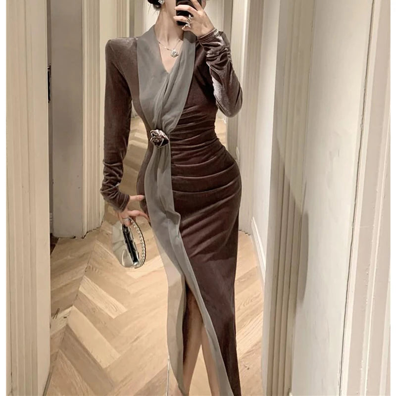 Women Vintage Velvet 3D Flower Ruched Sexy Split Elegant Party Dresses- Free worldwide shipping