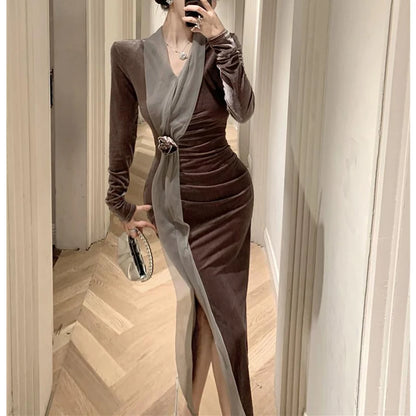 Women Vintage Velvet 3D Flower Ruched Sexy Split Elegant Party Dresses- Free worldwide shipping