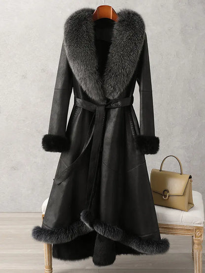 Special clearance sale: Haining fur coat, genuine fur one-piece jacket, women's mid-length, knee-length fox fur collar, rabbit fur inner