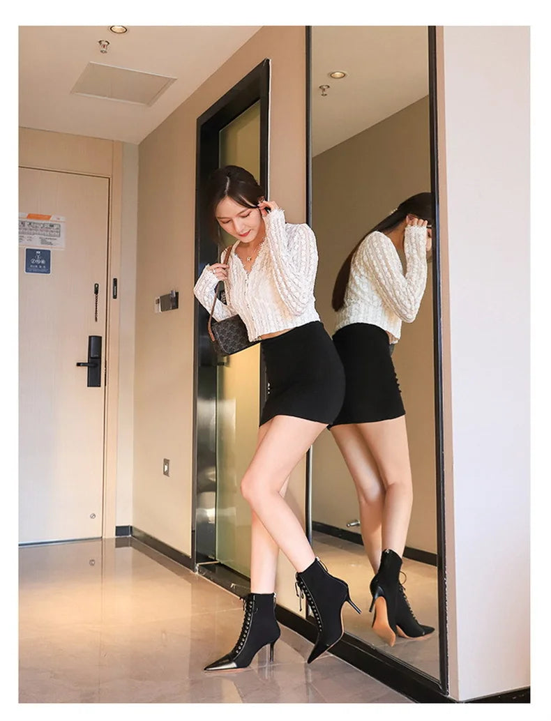 Fashion Women Elegant Black Cross Straps Thin High Heel Silk Boots Short Lace Up Ankle Boots Winter Pointed Toe Cowboy Shoes