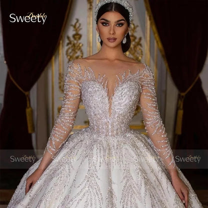 Glitter Fully Beaded Wedding Dress With Organza Ball Gown Full Sleeve O-Neck Bride Dress Lace Up Vestido De Novia Customized