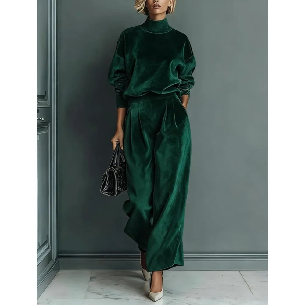 Autumn Winter Fashion High Collar Gold Velvet Long Sleeve Women's Suit