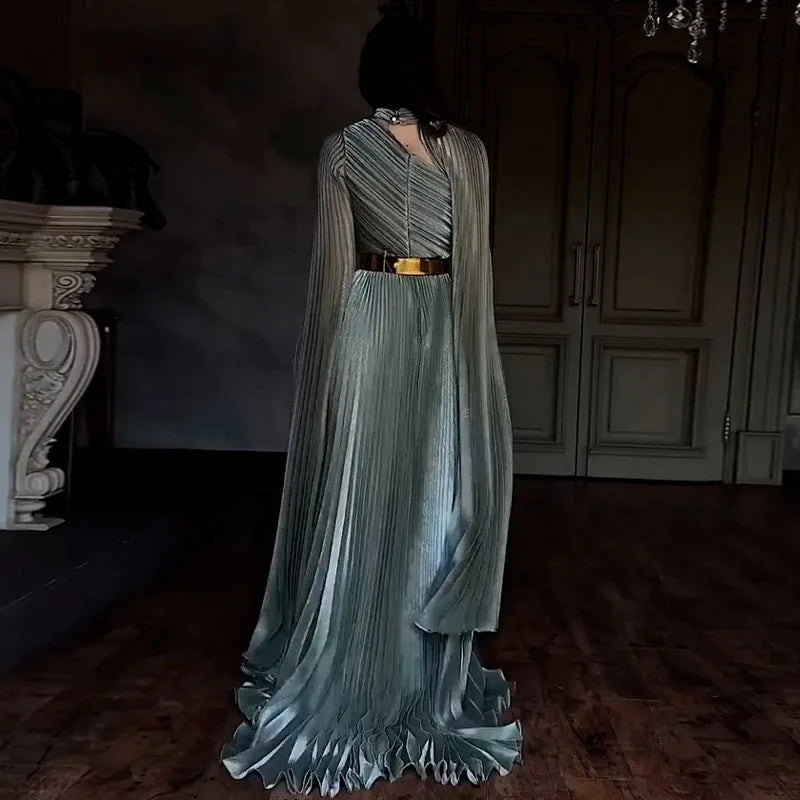 Fashion Gradient Printed Fold Evening Dress Leisure Hollow Out Slit Sleeve Banquet Dress Elegant Lady High Waist Big Hem Dresses- free worldwide shipping