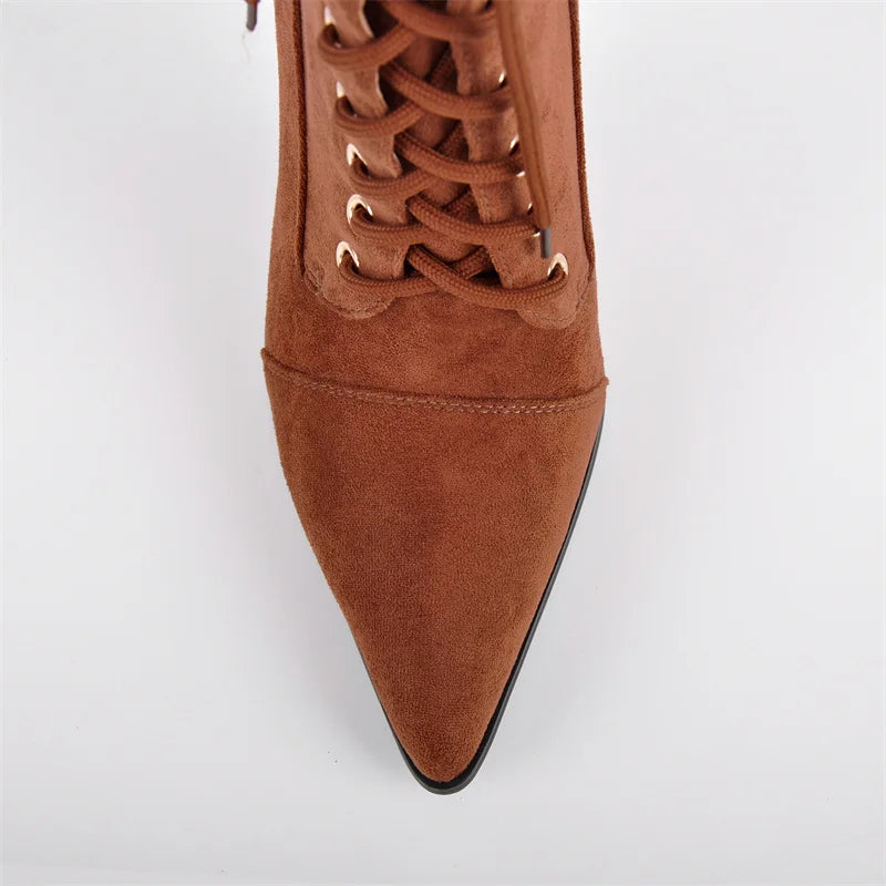 Pointed Toe Lace Up Mid-Calf Stiletto High Heel Boots Fashion