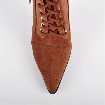 Pointed Toe Lace Up Mid-Calf Stiletto High Heel Boots Fashion
